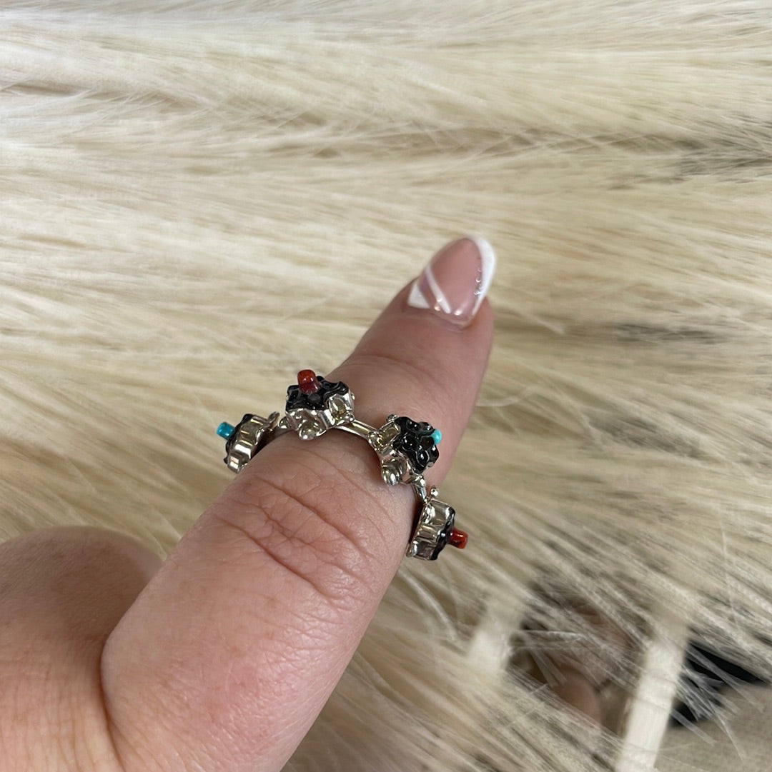 Handcrafted Flower Multi Stone Sterling Silver Ring Size 7