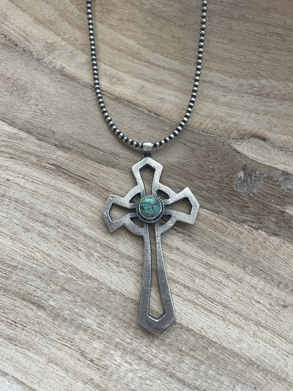 Handcrafted Sterling Silver & Turquoise Cross Pendant Signed Eugene Mitchell