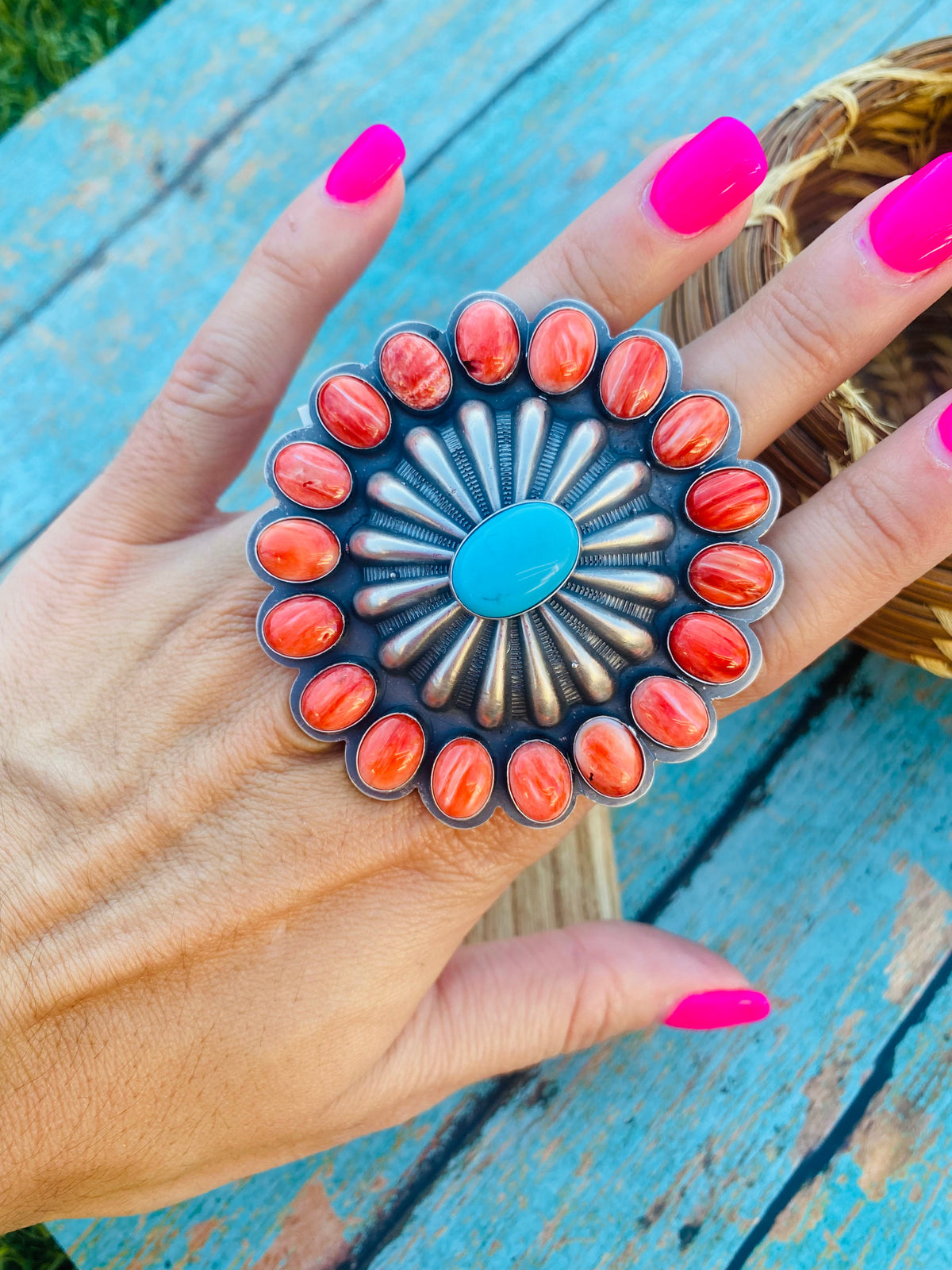 Handcrafted Red Spiny, Turquoise & Sterling Silver Adjustable Ring