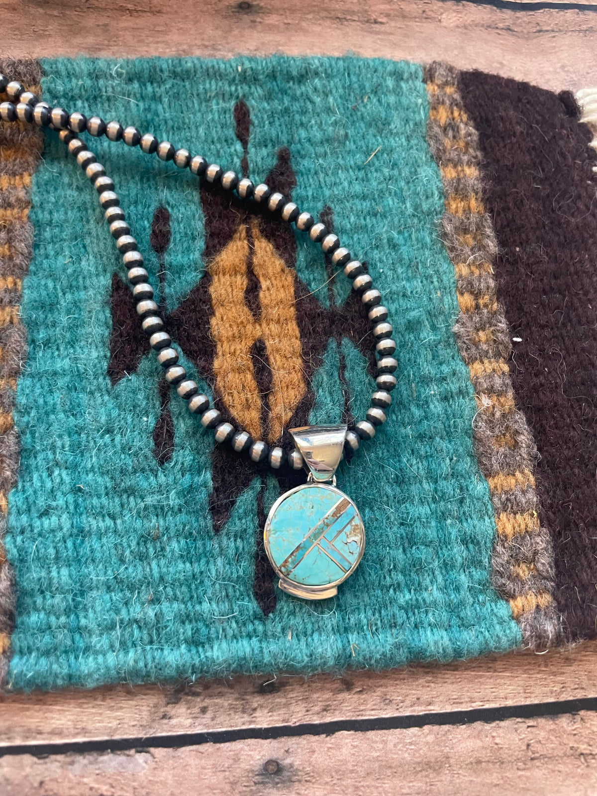 Handcrafted Number 8 Turquoise Inlay & Sterling Silver Pendant Signed