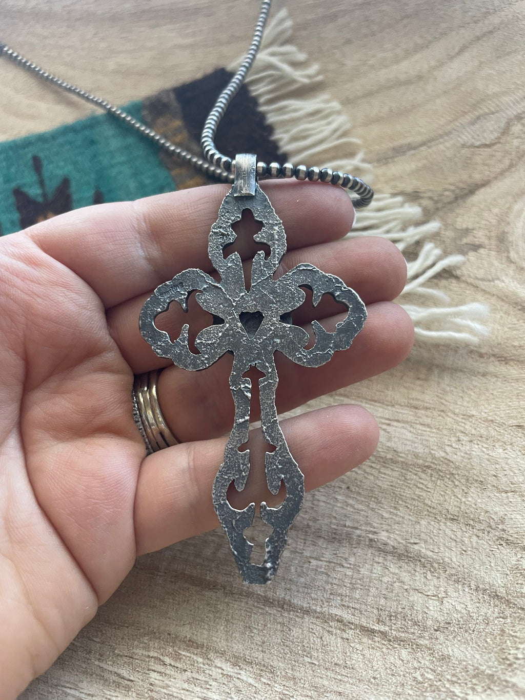 Handcrafted Sterling Silver & Turquoise Cross Pendant Signed Eugene Mitchell