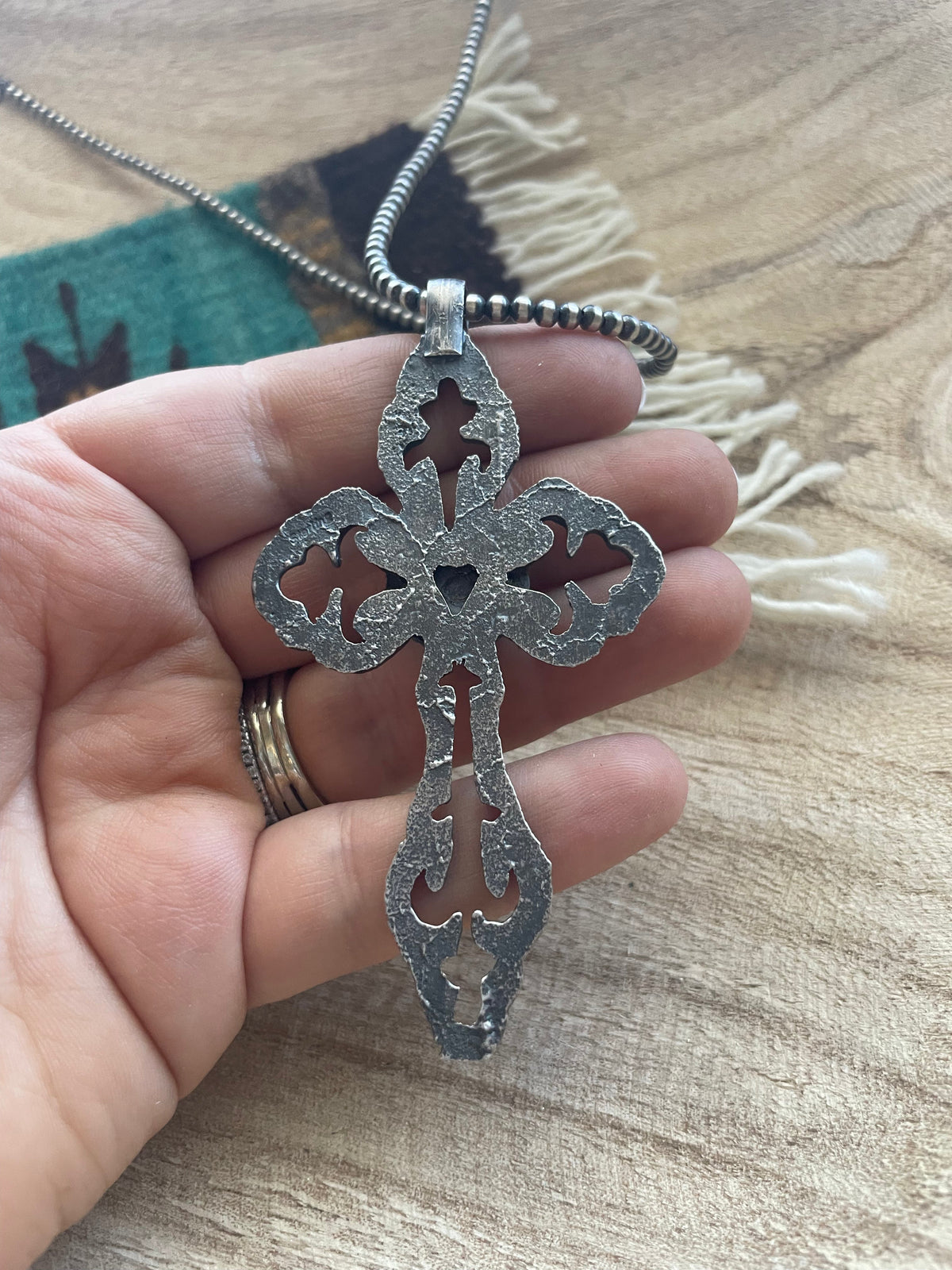 Handcrafted Sterling Silver & Turquoise Cross Pendant Signed Eugene Mitchell