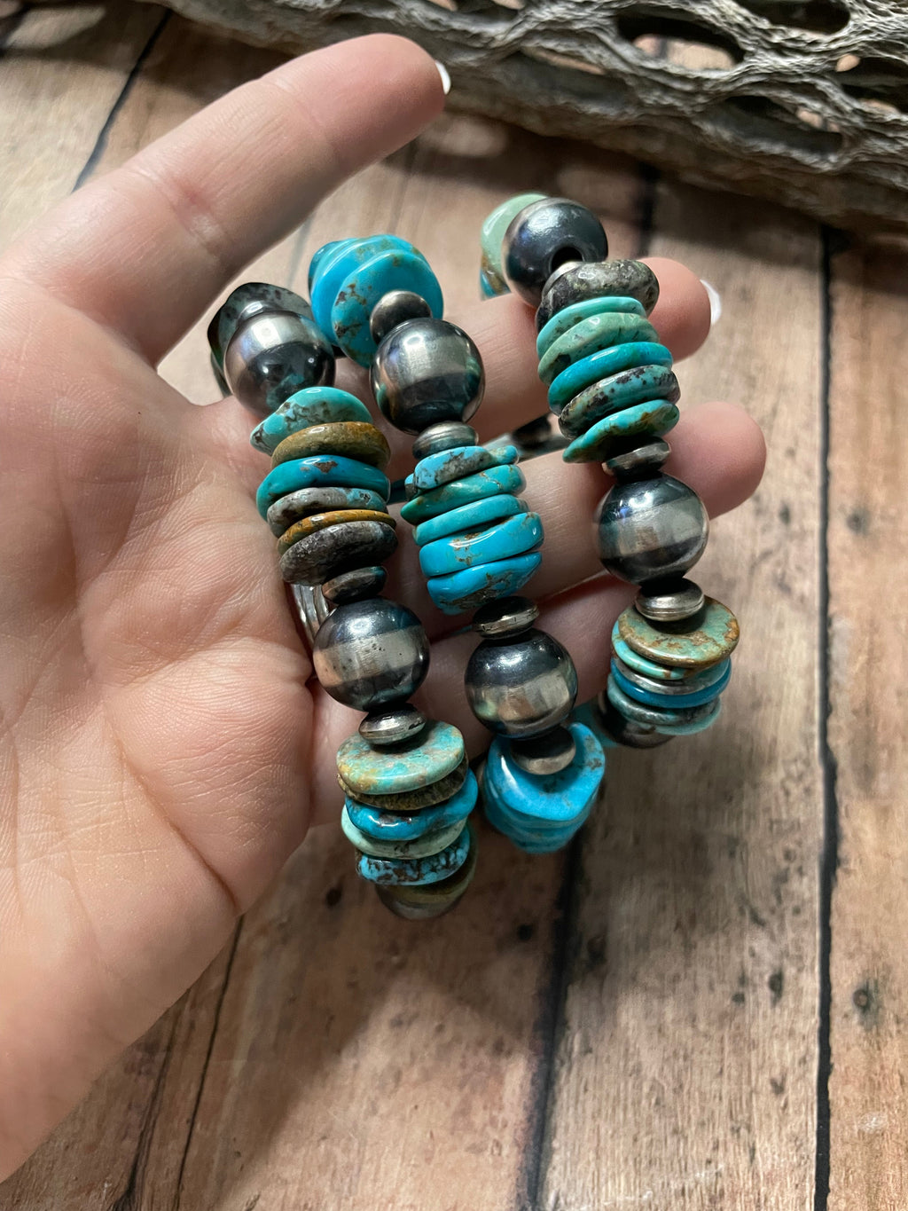Handcrafted Sterling Silver Stretchy Natural #8 Turquoise Beaded Bracelet
