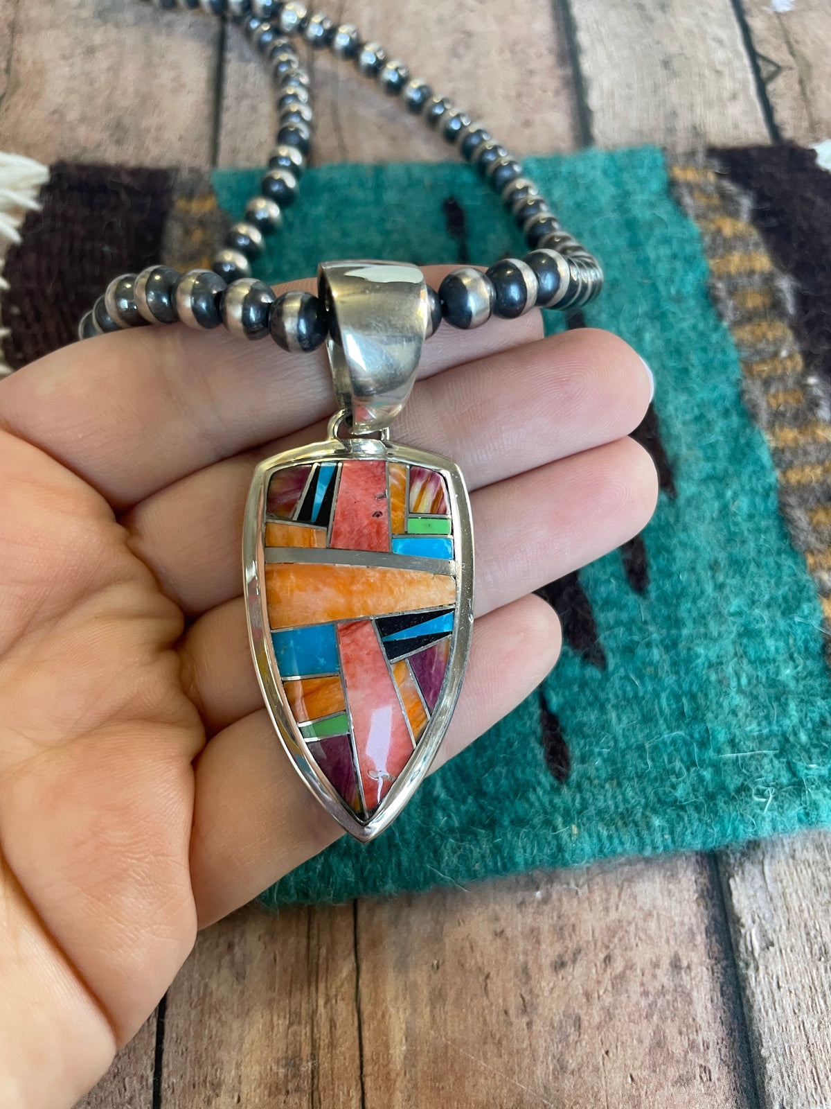 Handcrafted Multi Stone Inlay & Sterling Silver Pendant Signed