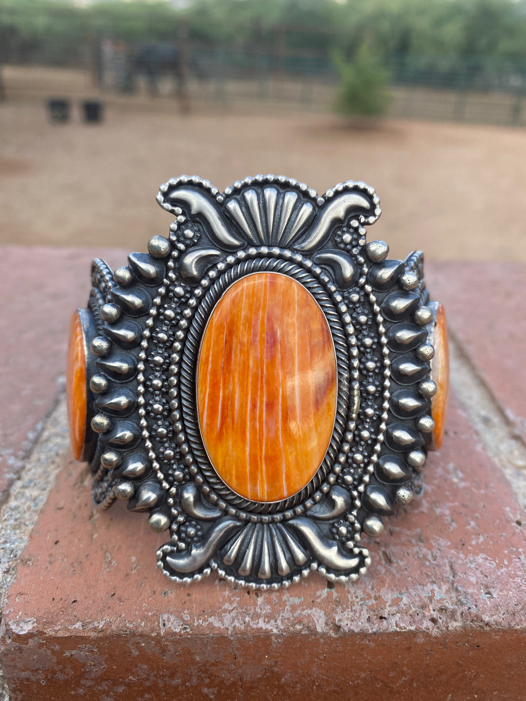 Beautiful Handcrafted Orange Spiny & Sterling Silver Cuff Bracelet Signed