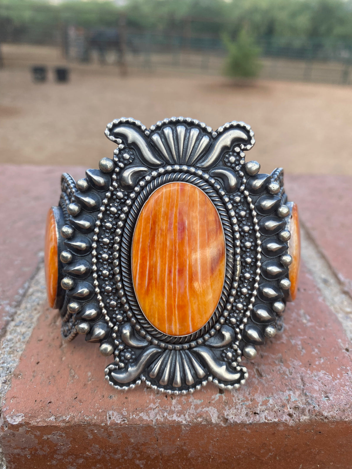 Beautiful Handcrafted Orange Spiny & Sterling Silver Cuff Bracelet Signed
