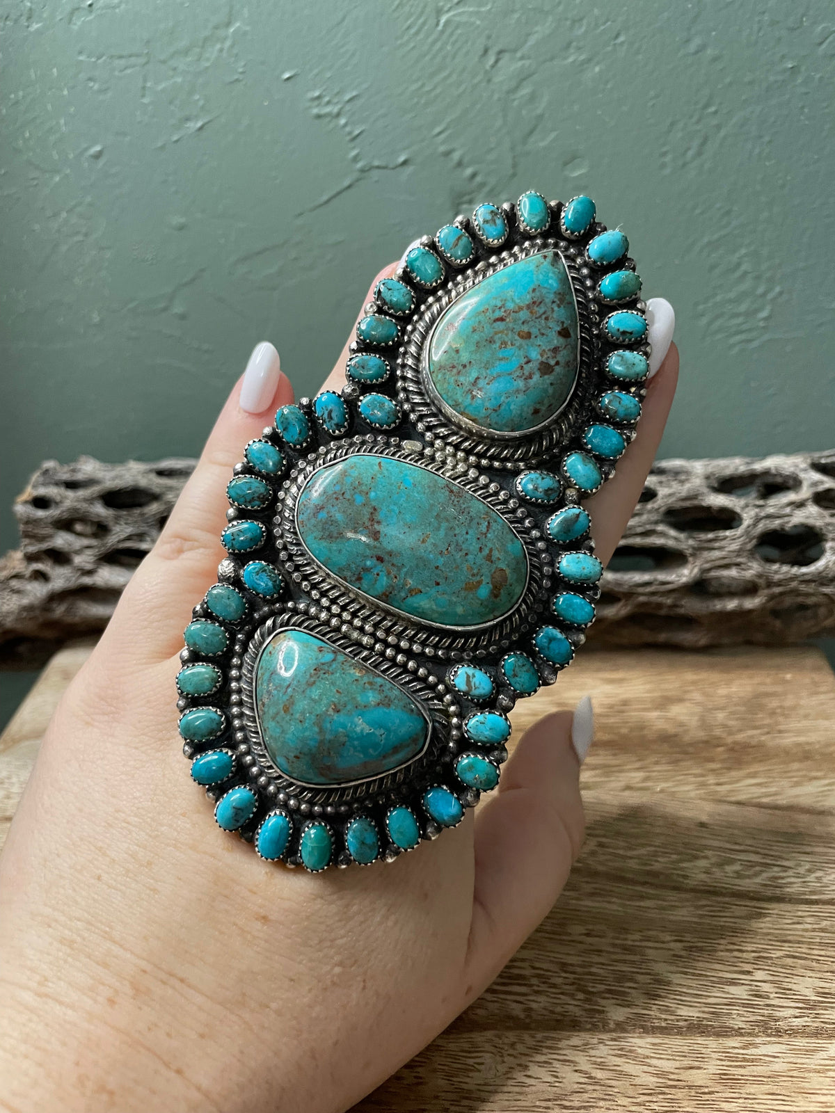 Handcrafted Sterling Silver And Turquoise Statement Ring Sz 9