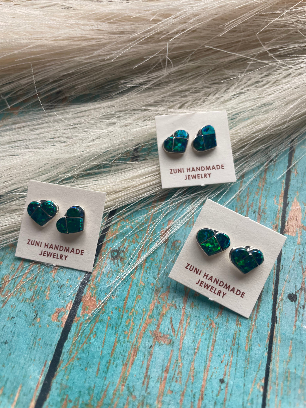 Handcrafted Sterling Silver & Dark Green Opal Inlay Heart Stud Earrings