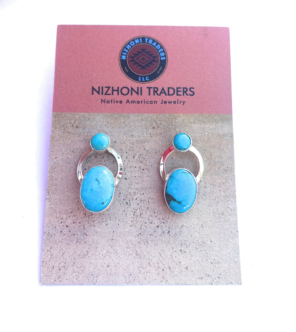 Handcrafted Kingman Turquoise & Sterling Silver Post Earrings Signed