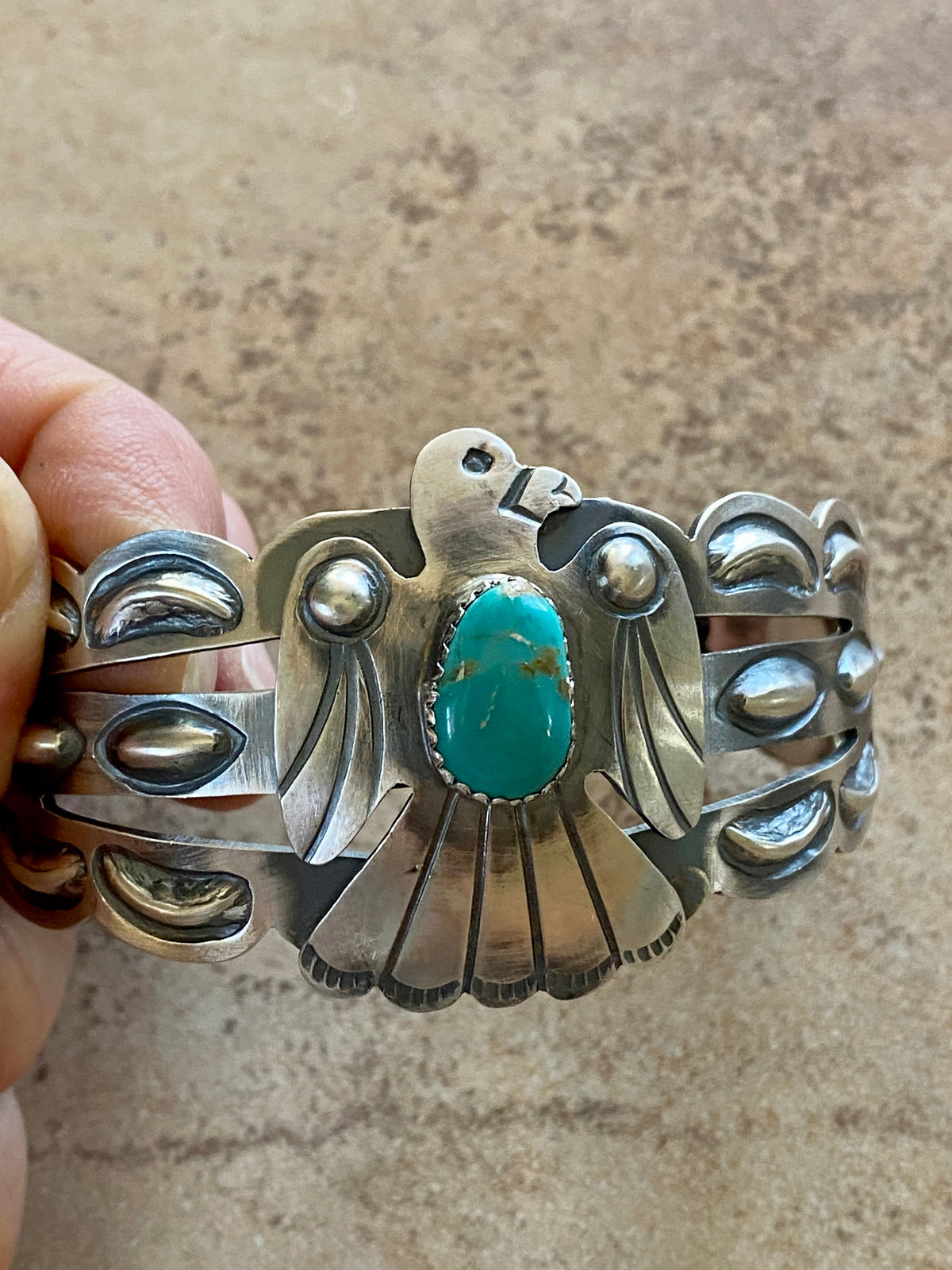 Sterling Silver Handcrafted Stamped Turquoise Thunderbird Cuff