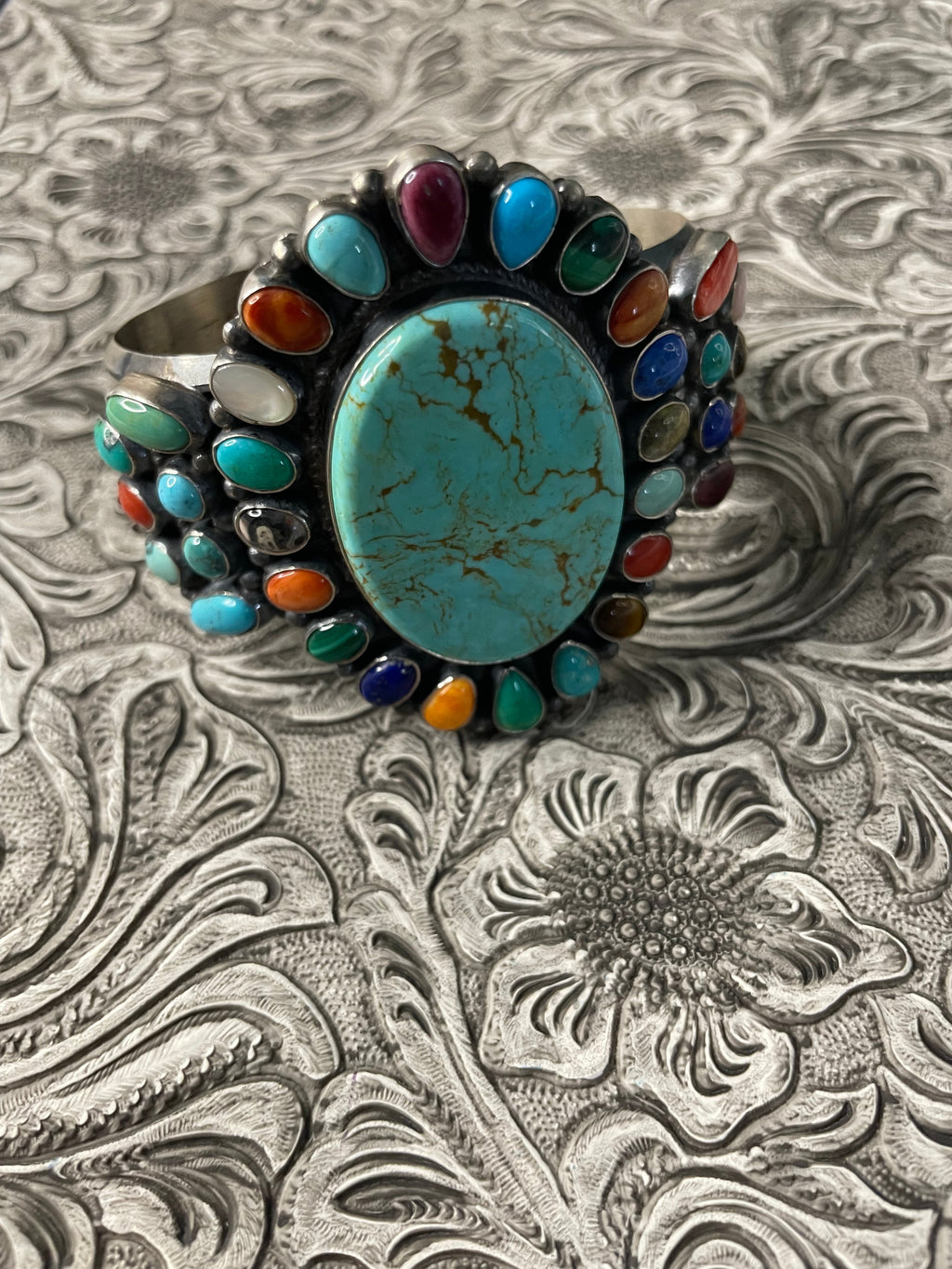 Anthony Skeets Handcrafted Multi Stone & Sterling Silver Cuff Bracelet Signed