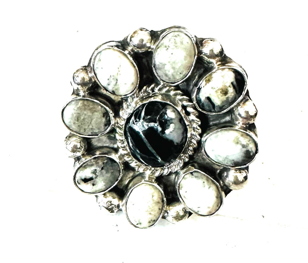 Handcrafted Sterling Silver And White Buffalo Cluster Adjustable Ring