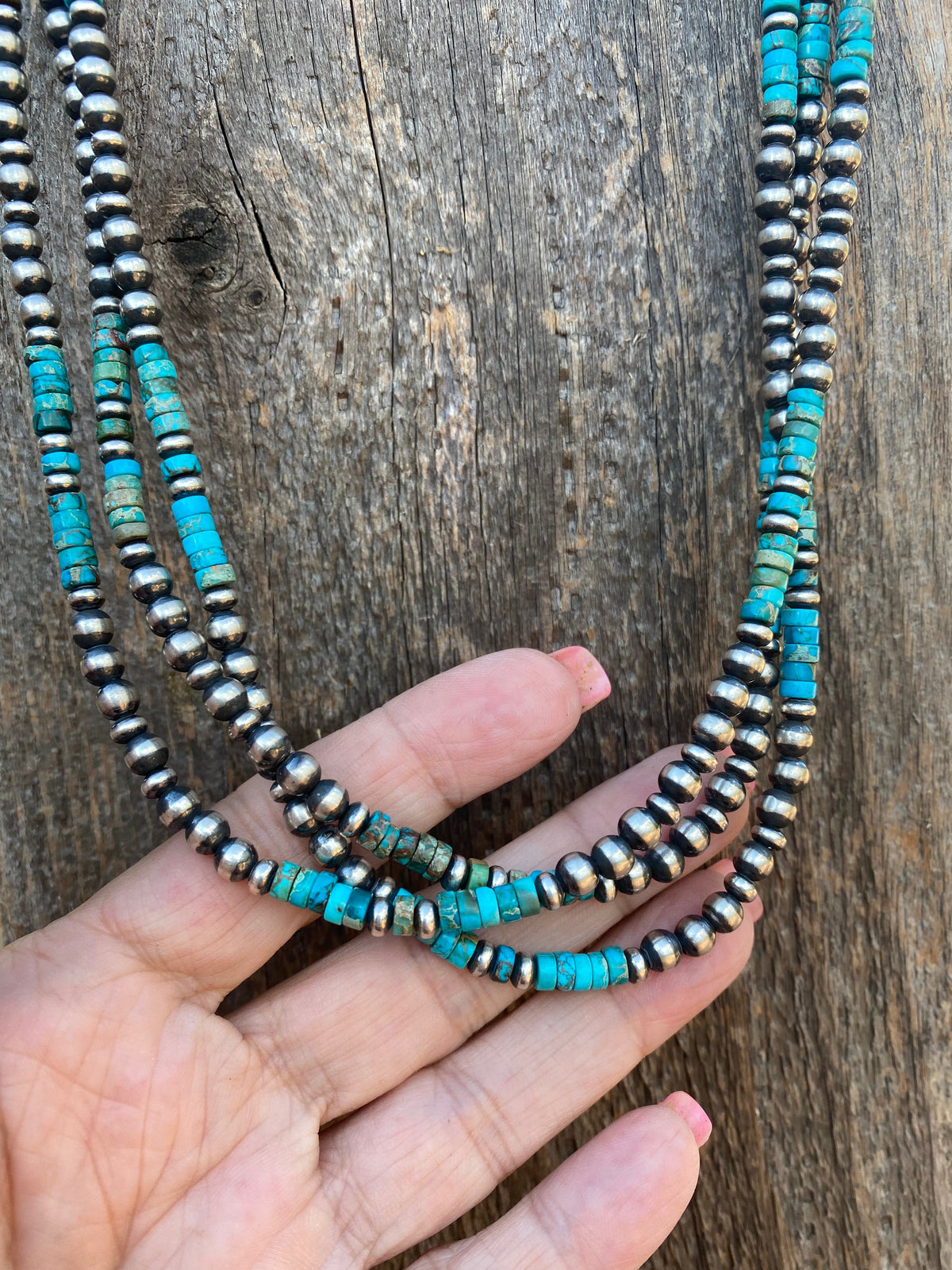 Handcrafted 3 Strand Kingman Turquoise & Sterling Beaded 18 inches