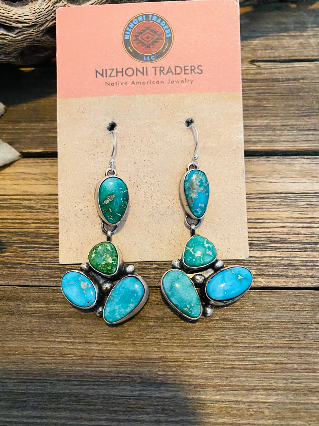 Handcrafted Multi Turquoise & Sterling Silver Cluster Dangle Earrings