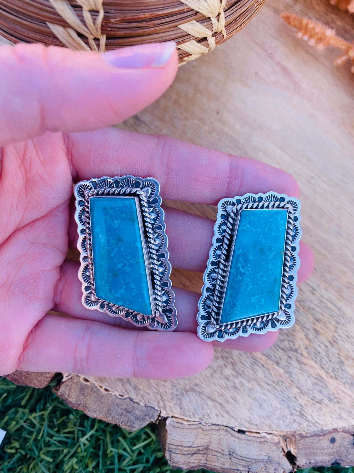 Handcrafted Vintage Turquoise & Sterling Silver Post Earrings Signed