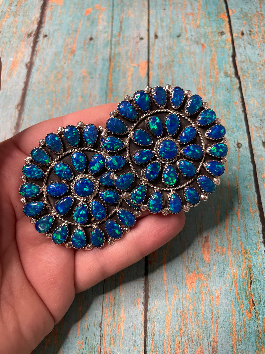 Handcrafted Sterling Silver & Blue Opal Cluster Post Earrings Signed