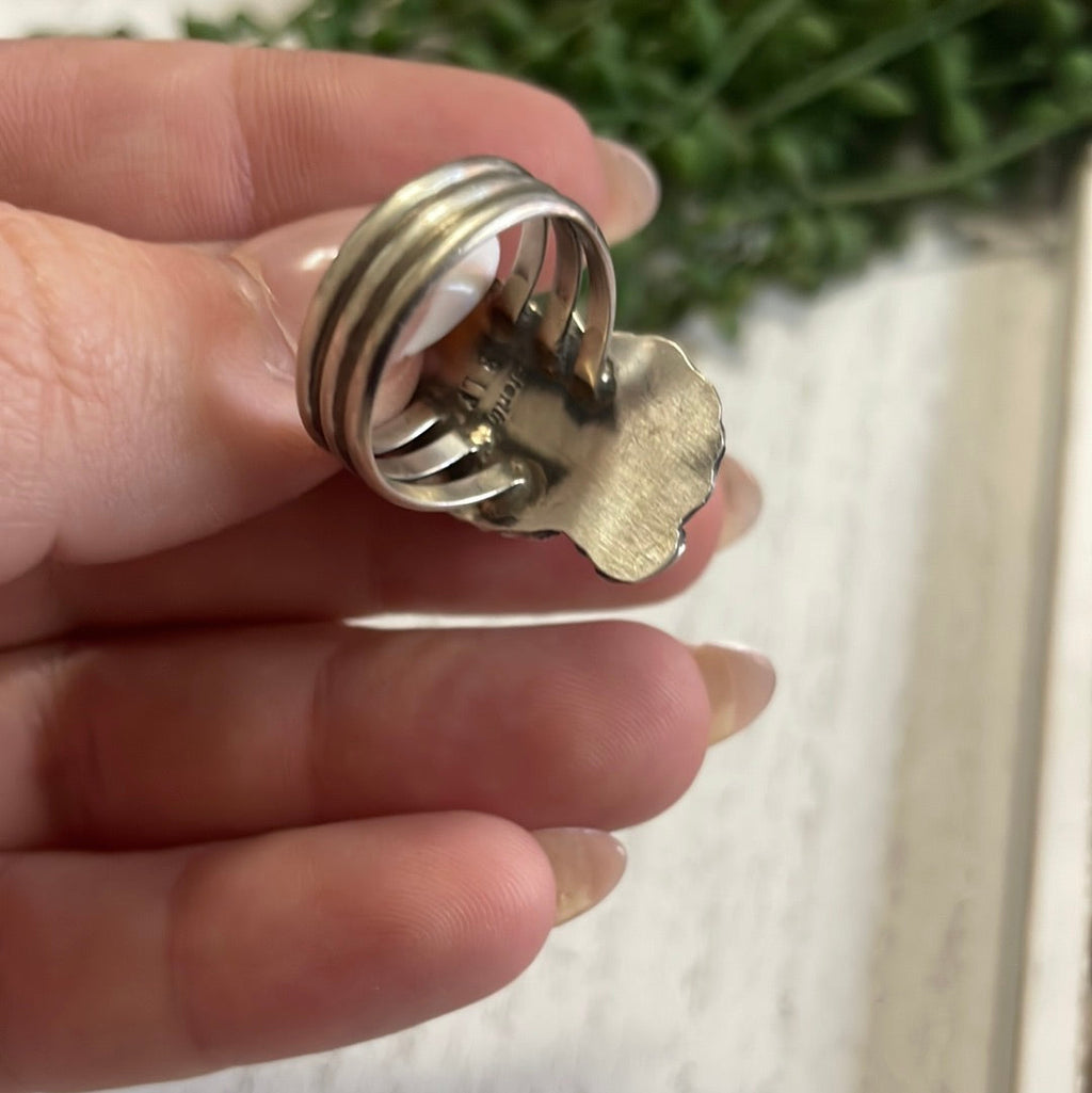 Handcrafted Coral & Sterling Silver Feather Ring Signed