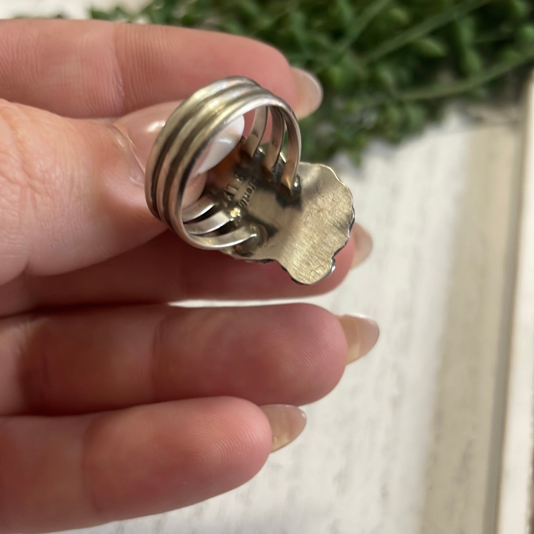 Handcrafted Coral & Sterling Silver Feather Ring Signed