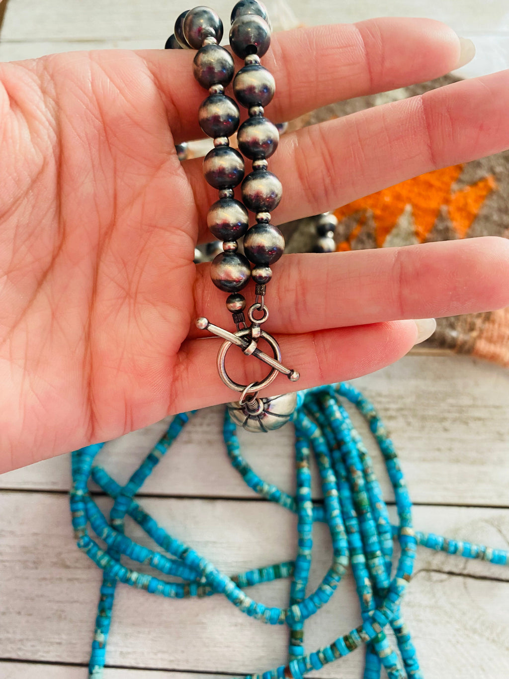 Handcrafted Turquoise & Sterling Silver Pearl Beaded Tassel Necklace