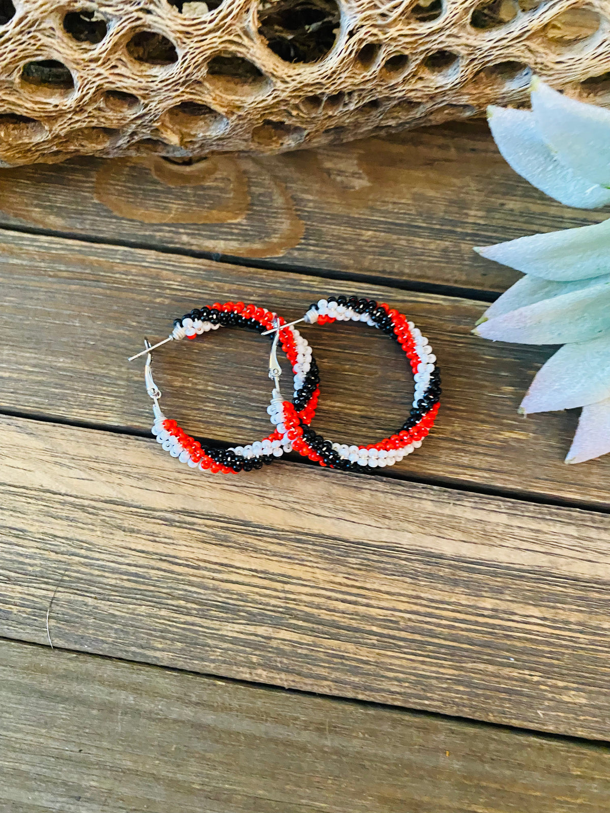Handcrafted Handmade Beaded Hoop Earrings- red, black