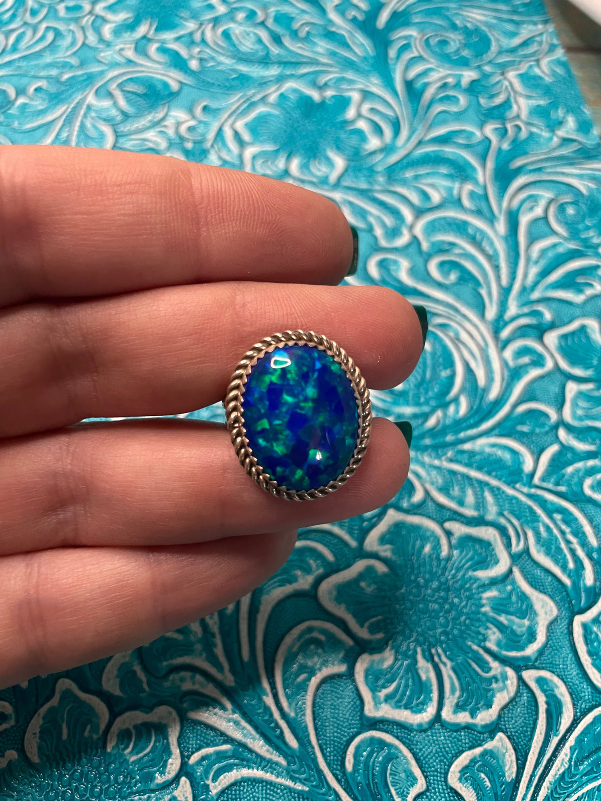 Handcrafted Man Made Sterling Silver & Blue Opal Ring Signed