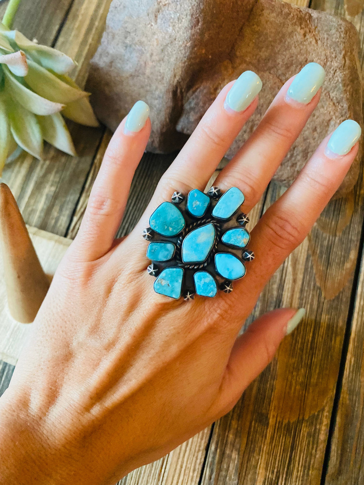 Handcrafted Kingman Turquoise & Sterling Silver Cluster Ring Size 8.5