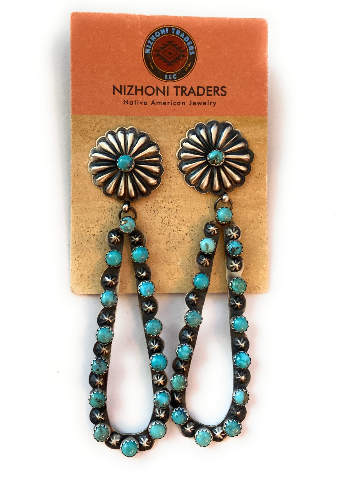 Handcrafted Sterling Silver & Turquoise Concho Dangle Earrings By Eugene Charley
