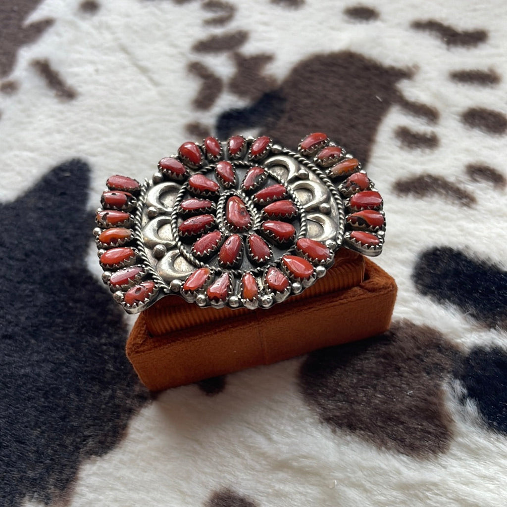 Handcrafted  Coral & Sterling Silver Ring Size 8 Signed