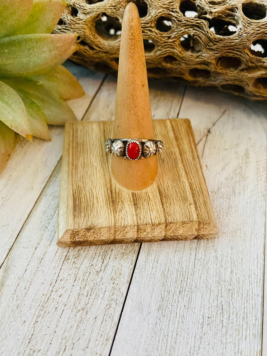Handcrafted Coral and Sterling Silver Concho Band Ring