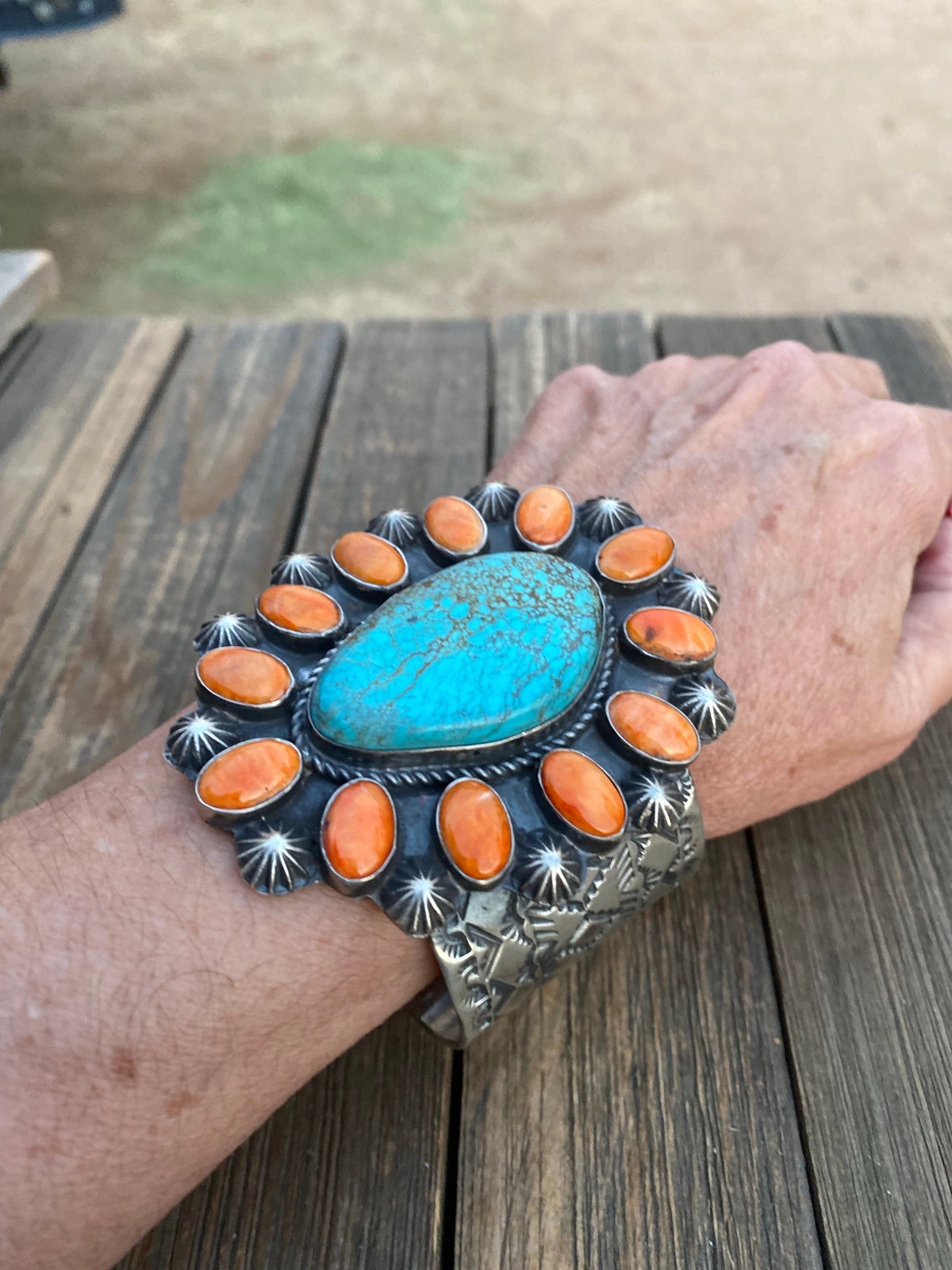 Handcrafted Kingman Turquoise & Spiny Sterling Silver Bracelet Signed /