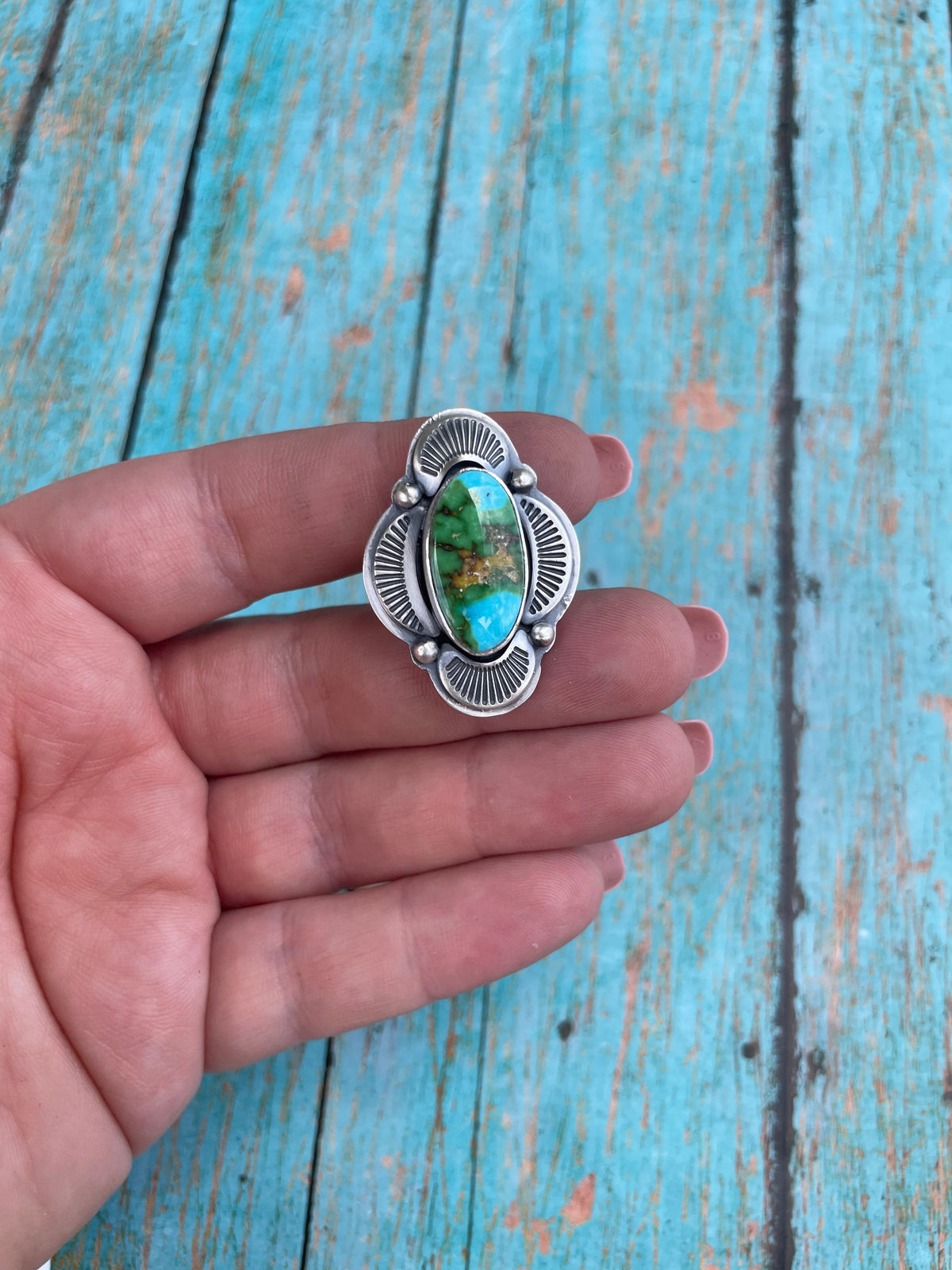 Handcrafted Sonoran Mountain Turquoise And Sterling Silver Statement Ring Size 7