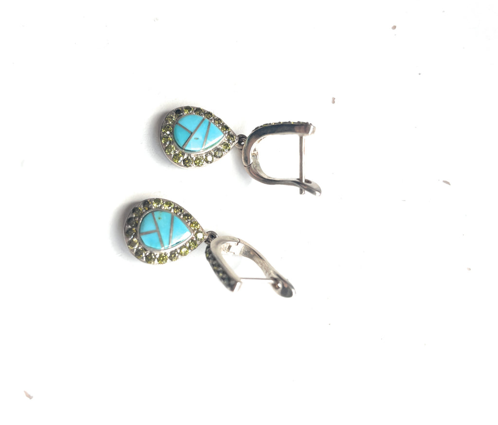 Handcrafted Turquoise Inlay, Peridot & Sterling Silver Dangle Earrings