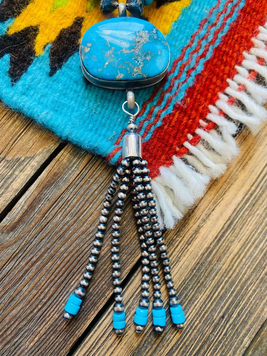 Handcrafted Turquoise & Sterling Silver Pearl Beaded Tassel Necklace