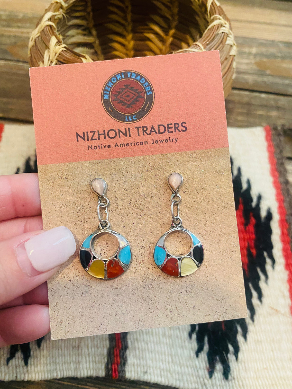 Handcrafted Sterling Silver & Multi Stone Inlay Dangle Earrings