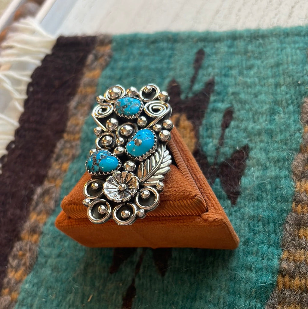 Handcrafted Sterling Silver & Turquoise Flower Ring Size 11