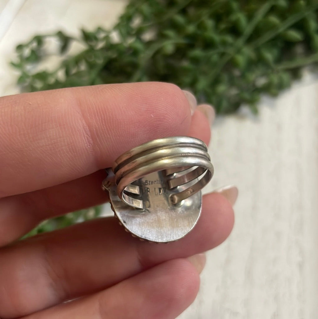 Handcrafted Turquoise & Sterling Silver Feather Ring Signed Size 7.25
