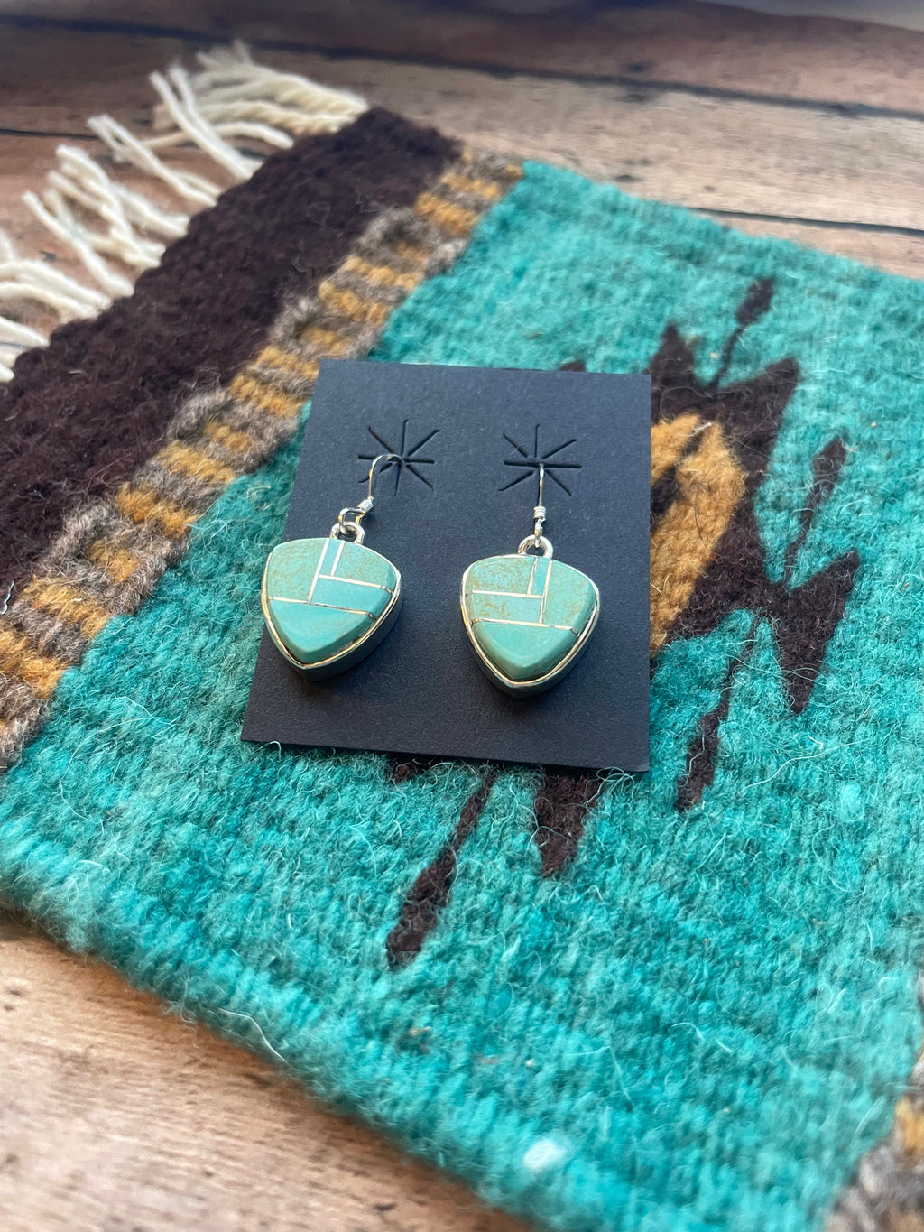 Handcrafted Number 8 Turquoise & Sterling Silver Inlay Dangle Earrings Signed