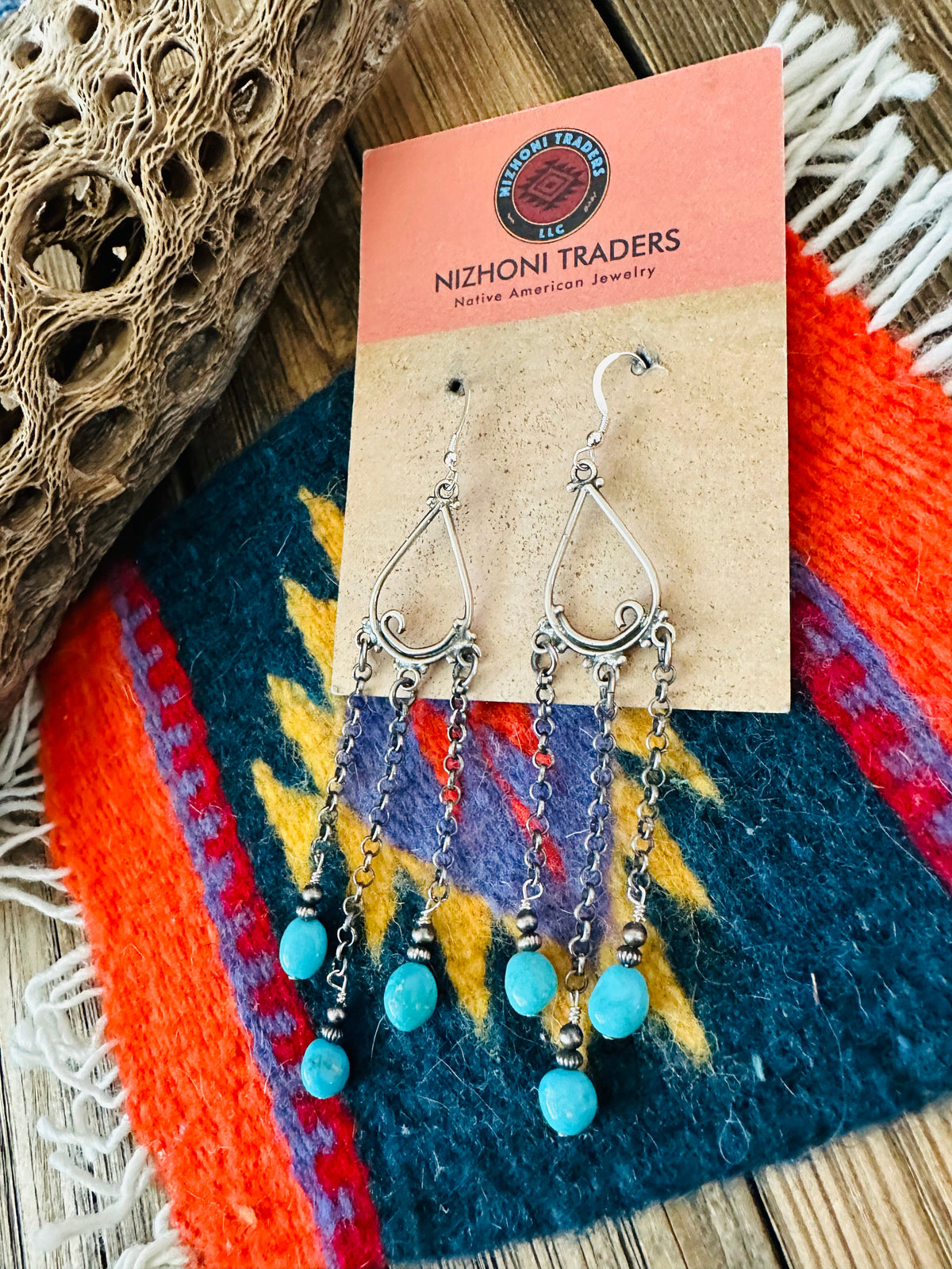 Handcrafted Sterling Silver & Turquoise Beaded Chain Dangle Earrings