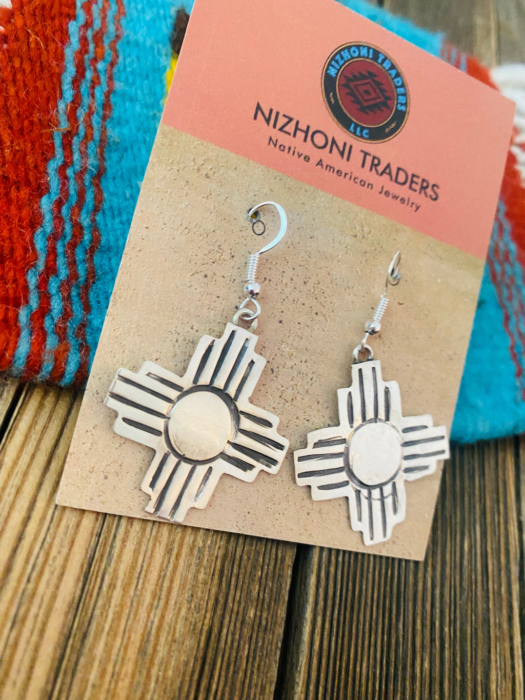 Handcrafted Hand Stamped Sterling Silver Zia Cross Dangle Earrings Signed