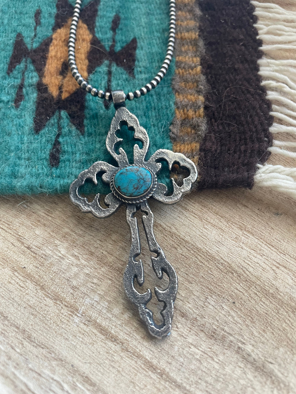 Handcrafted Sterling Silver & Turquoise Cross Pendant Signed Eugene Mitchell