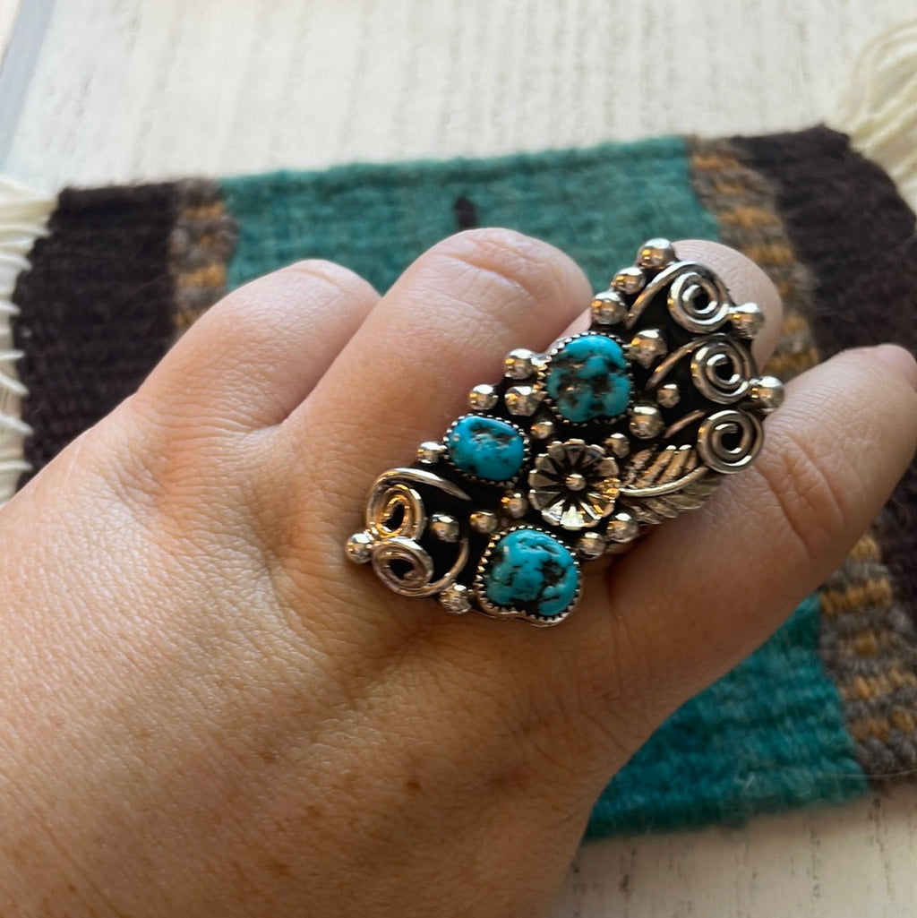 Handcrafted Sterling Silver & Turquoise Flower Ring Size 12