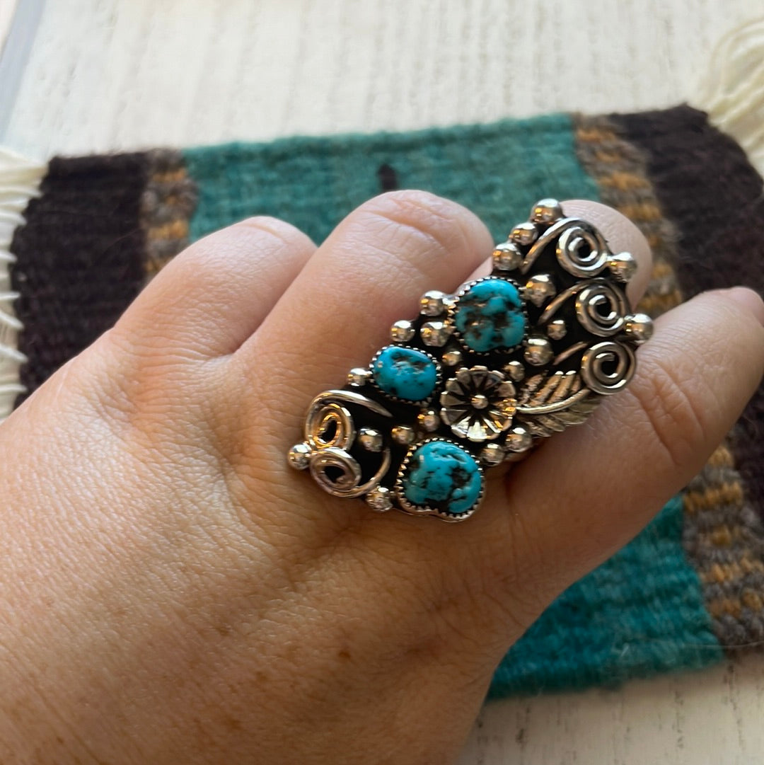Handcrafted Sterling Silver & Turquoise Flower Ring Size 12