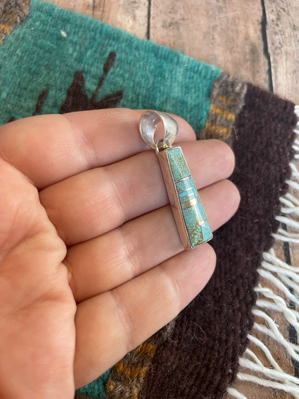 Handcrafted Number 8 Turquoise Inlay & Sterling Silver Pendant Signed