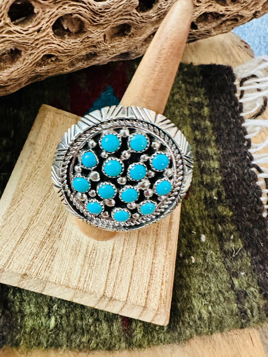 Handcrafted Sterling Silver & Turquoise Cluster Ring Signed