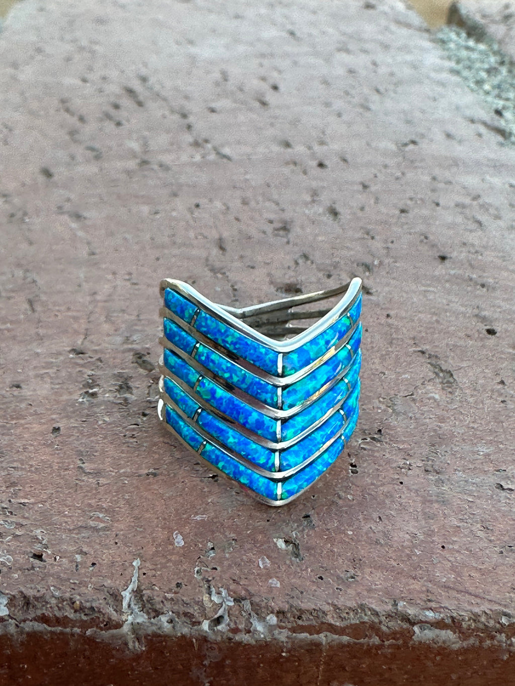 Handcrafted 5 Row Sterling Silver & Blue Opal Inlay Stacker Ring
