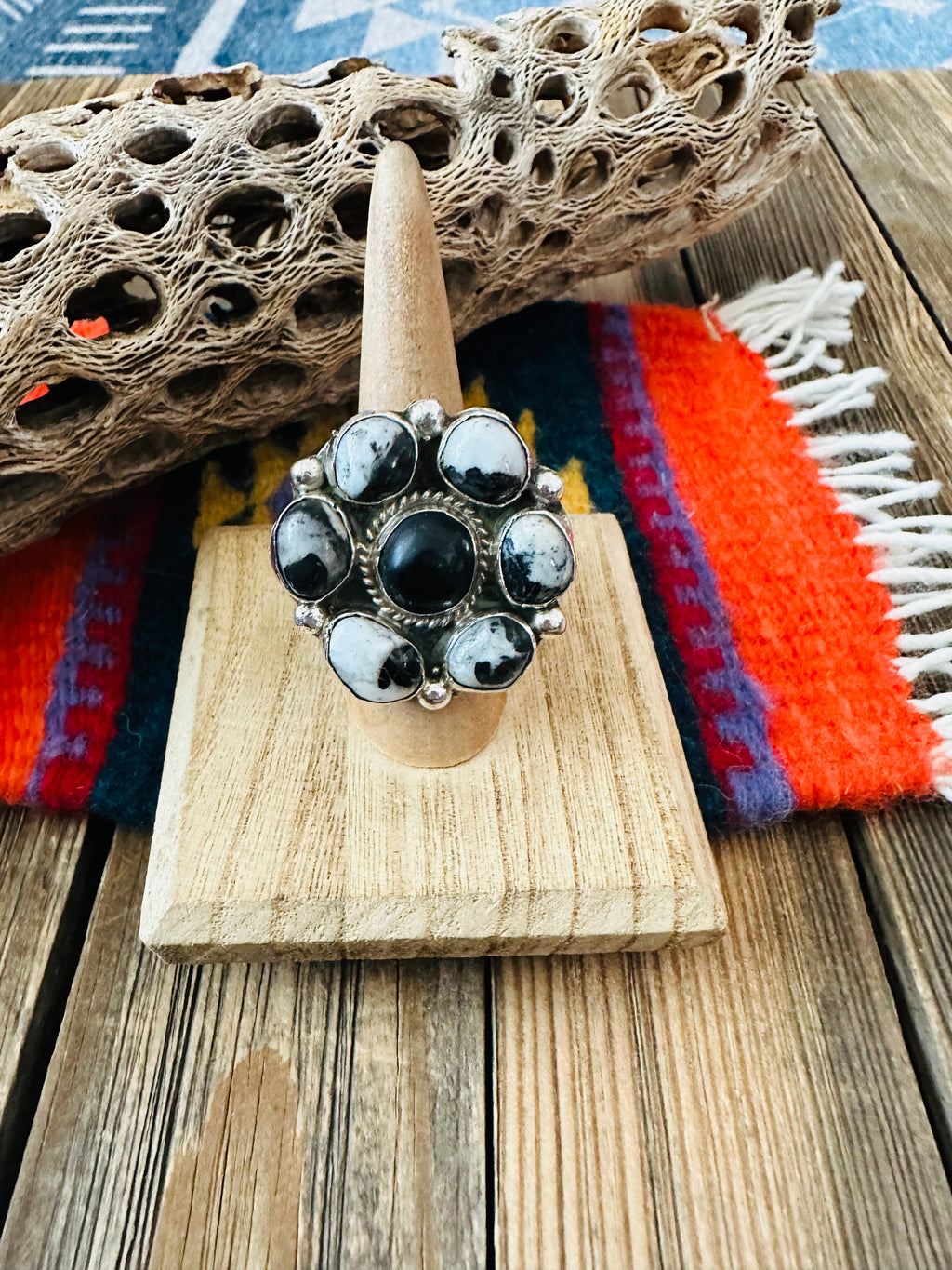 Handcrafted Sterling Silver And White Buffalo Cluster Adjustable Ring