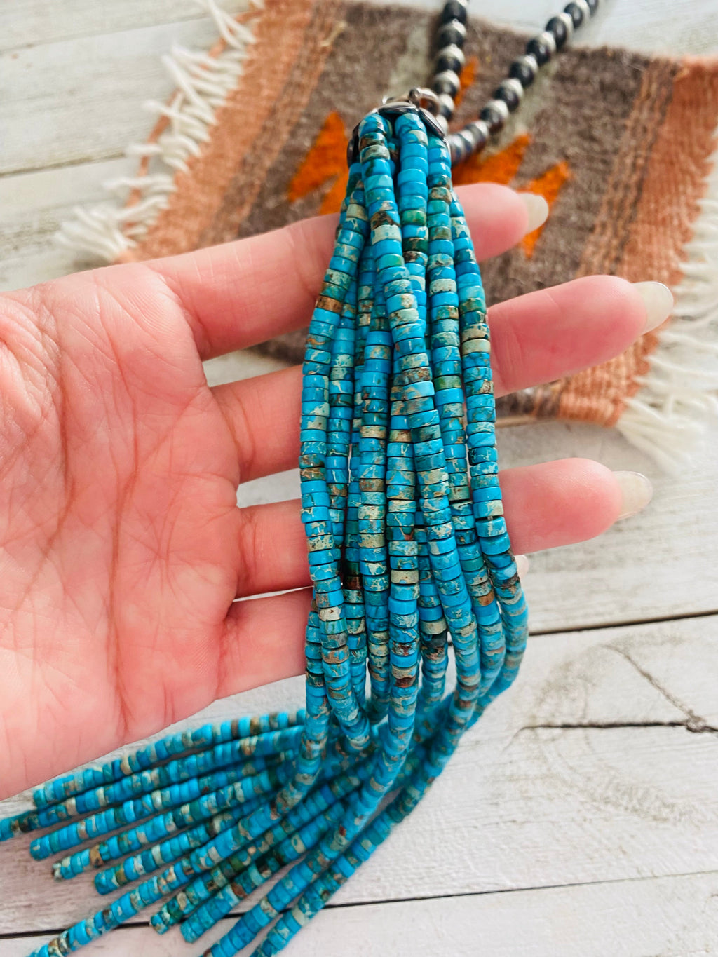 Handcrafted Turquoise & Sterling Silver Pearl Beaded Tassel Necklace