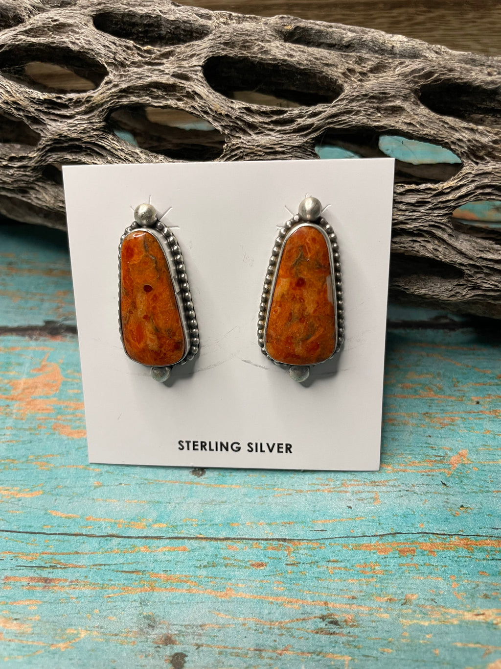 Handcrafted Apple Coral And Sterling Silver Post Earrings Signed