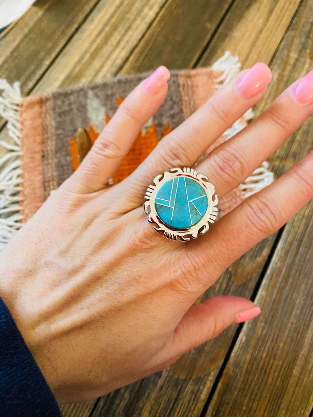 Handcrafted Sterling Silver & Turquoise Inlay Ring Size 6.5