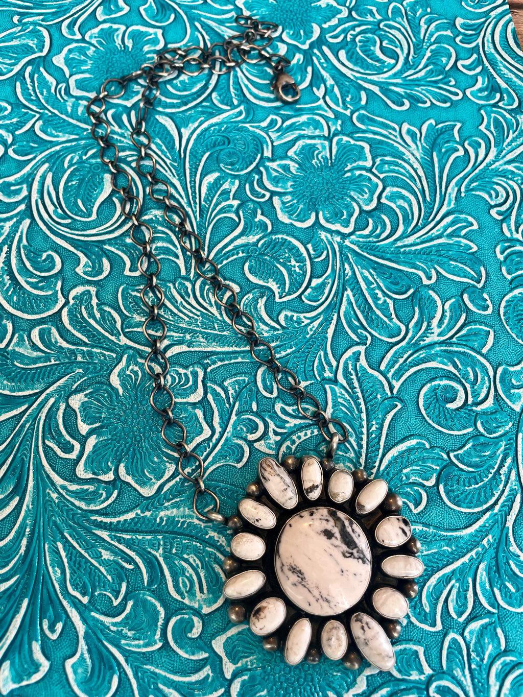 Handcrafted White Buffalo And Sterling Silver Cluster Necklace Signed & Stamped